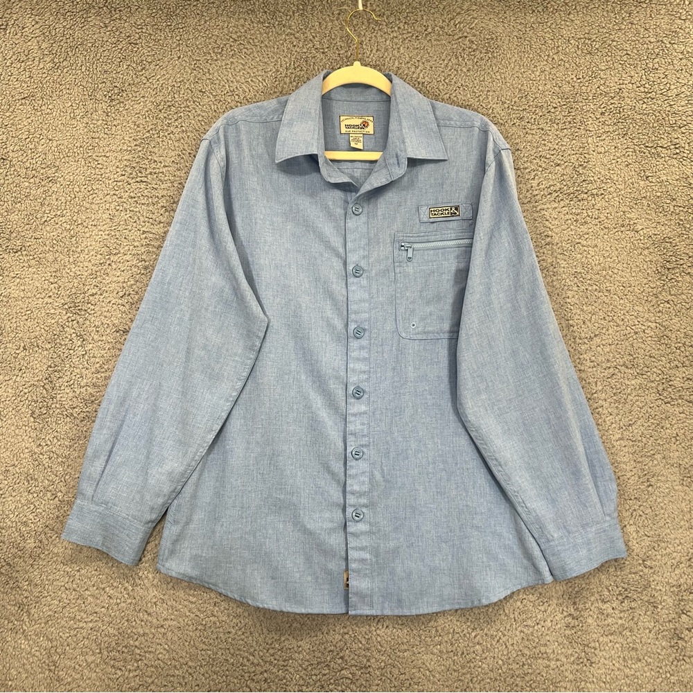 Hook Tackle Button Shirt Fishing Gear 100% Polyester Blue Men Size Large